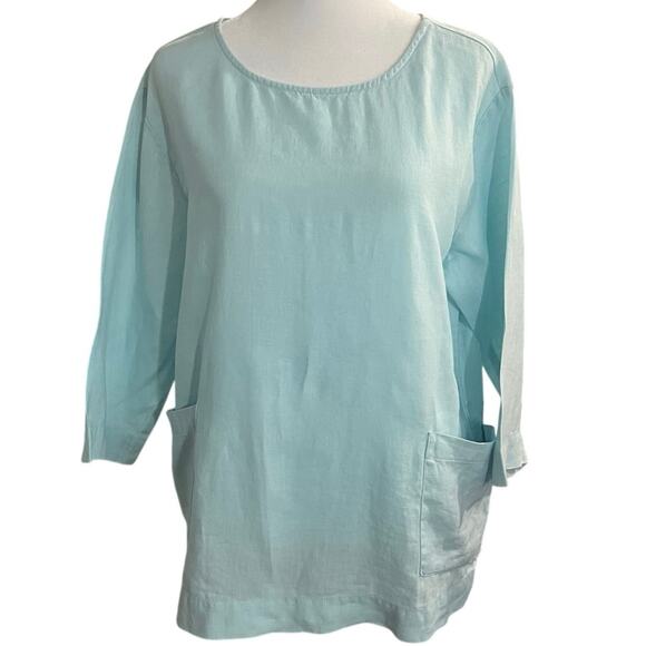 J.JILL | Purejill 100% Linen Lightweight 2-Pocket Tunic Chore Top | Aqua | Small - Picture 2 of 8